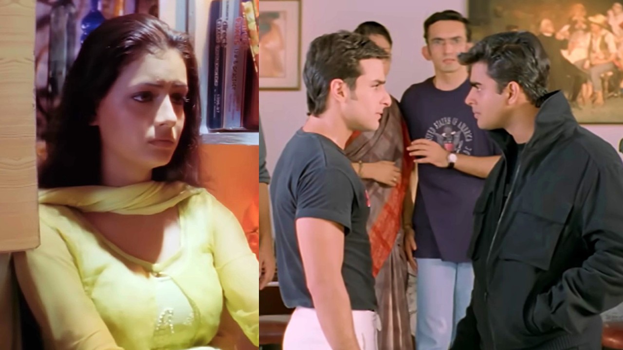 Dia Mirza as Reena alongside R. Madhavan as Maddy and Saif Ali Khan as Sam in Rehnaa Hai Terre Dil Mein