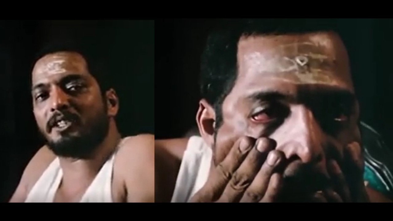 Nana Patekar as Anna Seth in the 1989 film Parinda, looking intense with a hand gesture