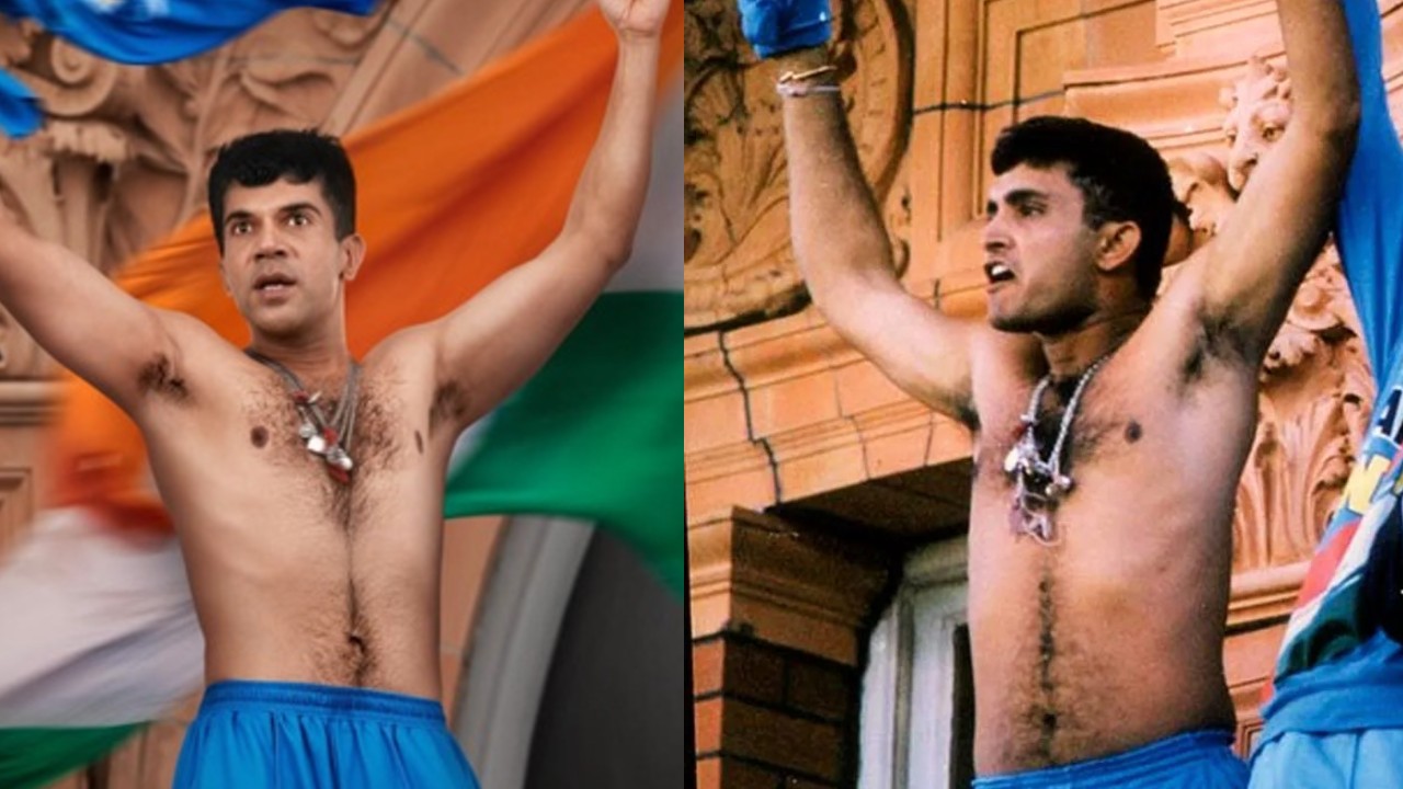 Official first look poster of the film Dada The Sourav Ganguly Story, featuring a shirtless Rajkummar Rao holding a blue cricket jersey high in the air on the Lord's balcony with the Indian flag behind him.
