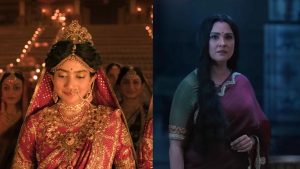 Split graphic featuring Sai Pallavi as Sita and Lara Dutta as Kaikeyi