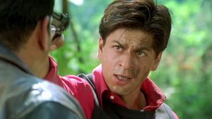 Director Farah Khan shares a candid moment on the sets of Main Hoon Na.
